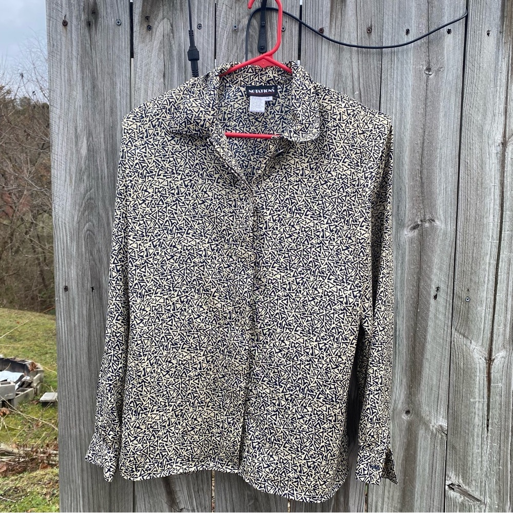 Vintage Retro Notations 12 Padded‎ Blue and ivory Geometric Button-Up Shirt
